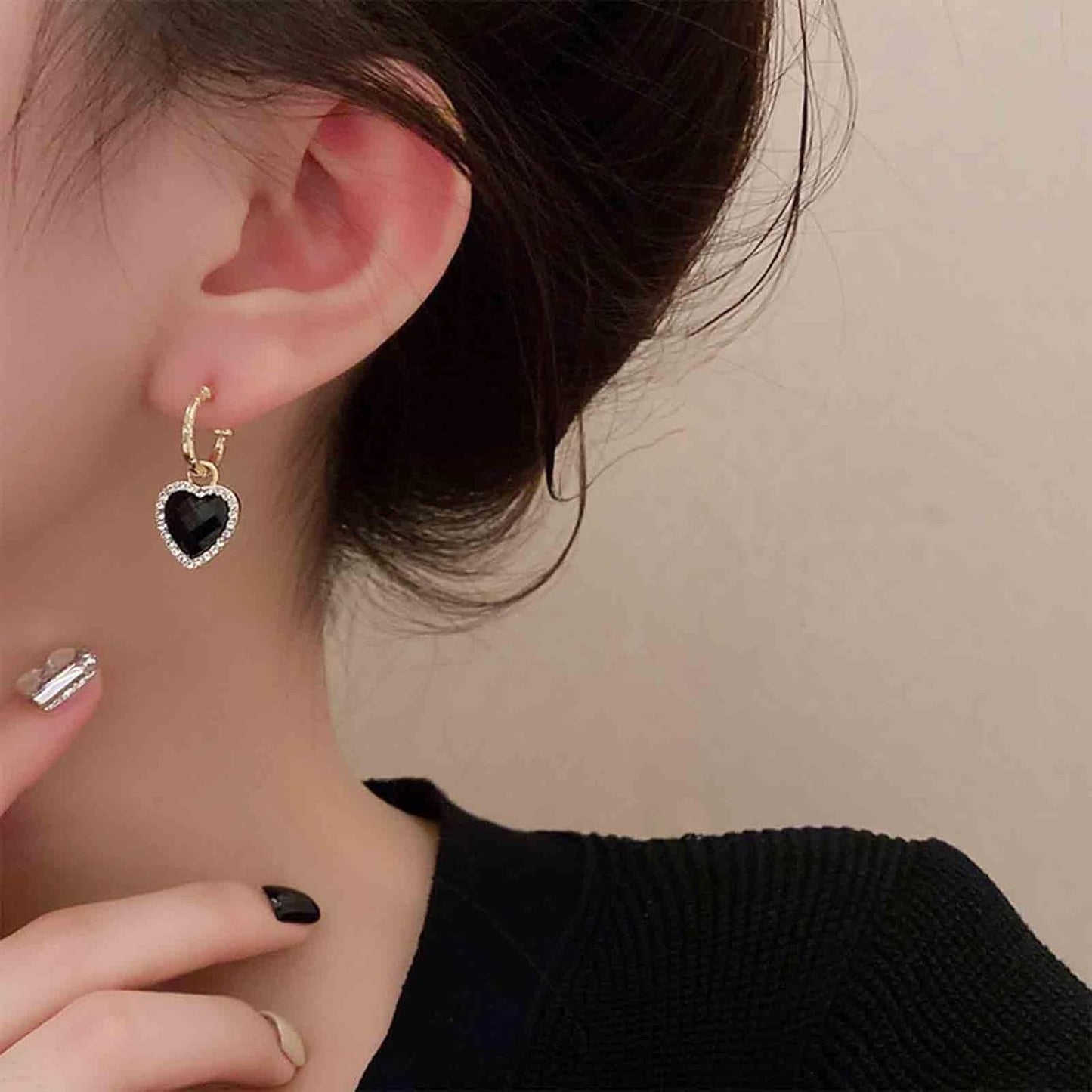 Vintage Crystal Heart Drop Earrings Black Heart Onyx Earrings Black Heart Hoop Huggie Earrings Gold Cz Love Heart Earrings Jewelry for Women