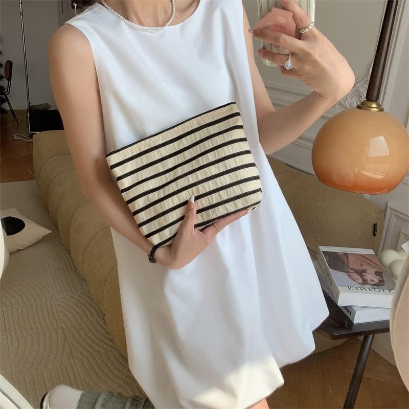 PAZIMIIK Floral Makeup Bag Large Cotton Zipper Pouch for Purse Travel Canvas Make Up Organizer for Women Cosmetic,Stripe White