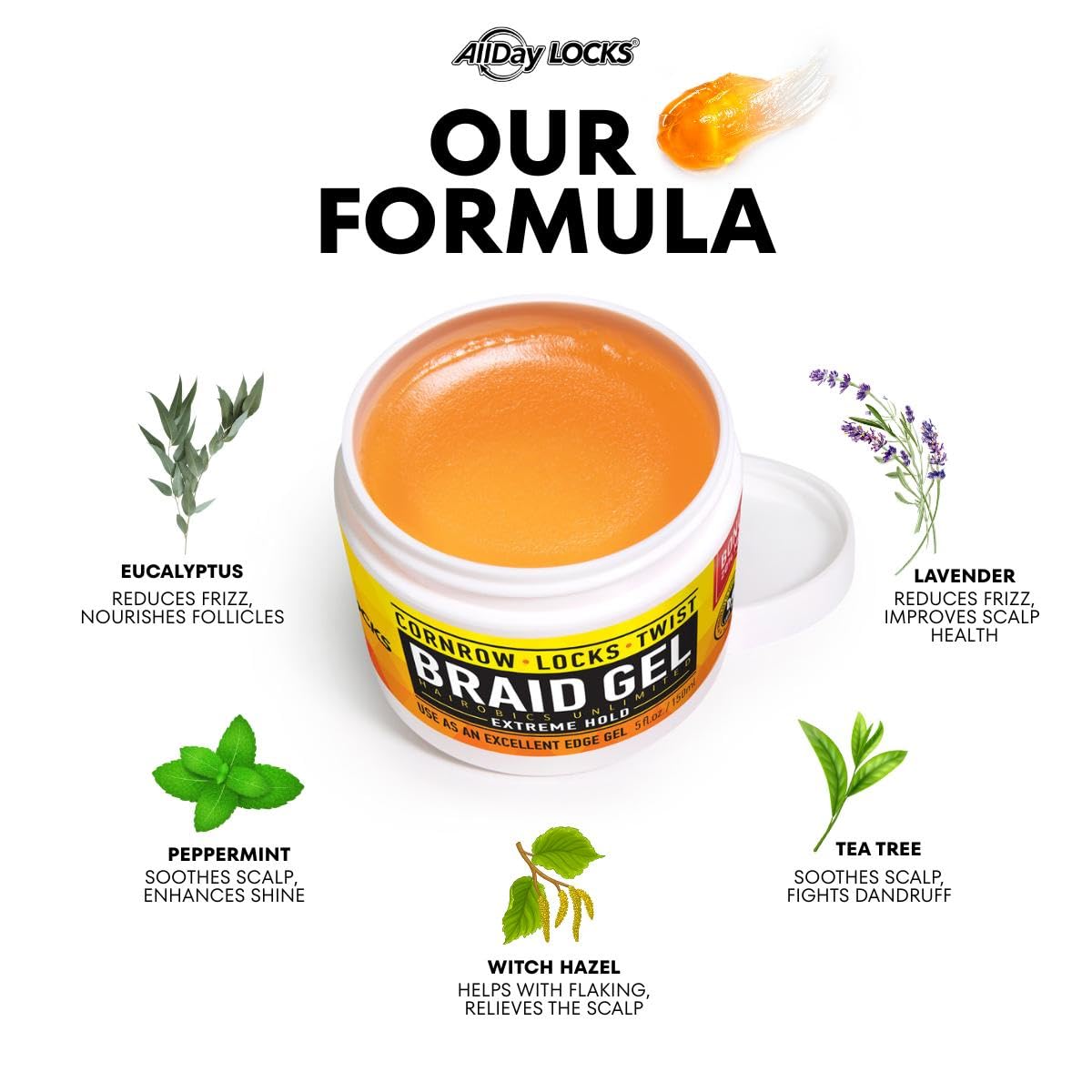 AllDay Locks Braid Gel (Bucket) | Extreme Hold, High Shine | Frizz & Flake-Free Edge Control | Tea Tree, Lavender, Peppermint Oil | Slick & Style Braids, Locks, Twists, Cornrows | 64 oz
