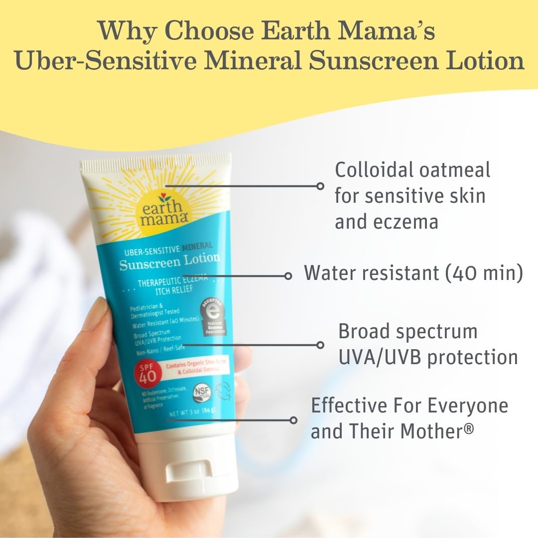 Earth Mama Uber-Sensitive Mineral Sunscreen Lotion SPF 40 | Non-Nano Zinc, Contains Organic Colloidal Oatmeal | Steroid-Free Eczema Cream for Baby, Kid & Family, 3-Ounce, 2-Pack