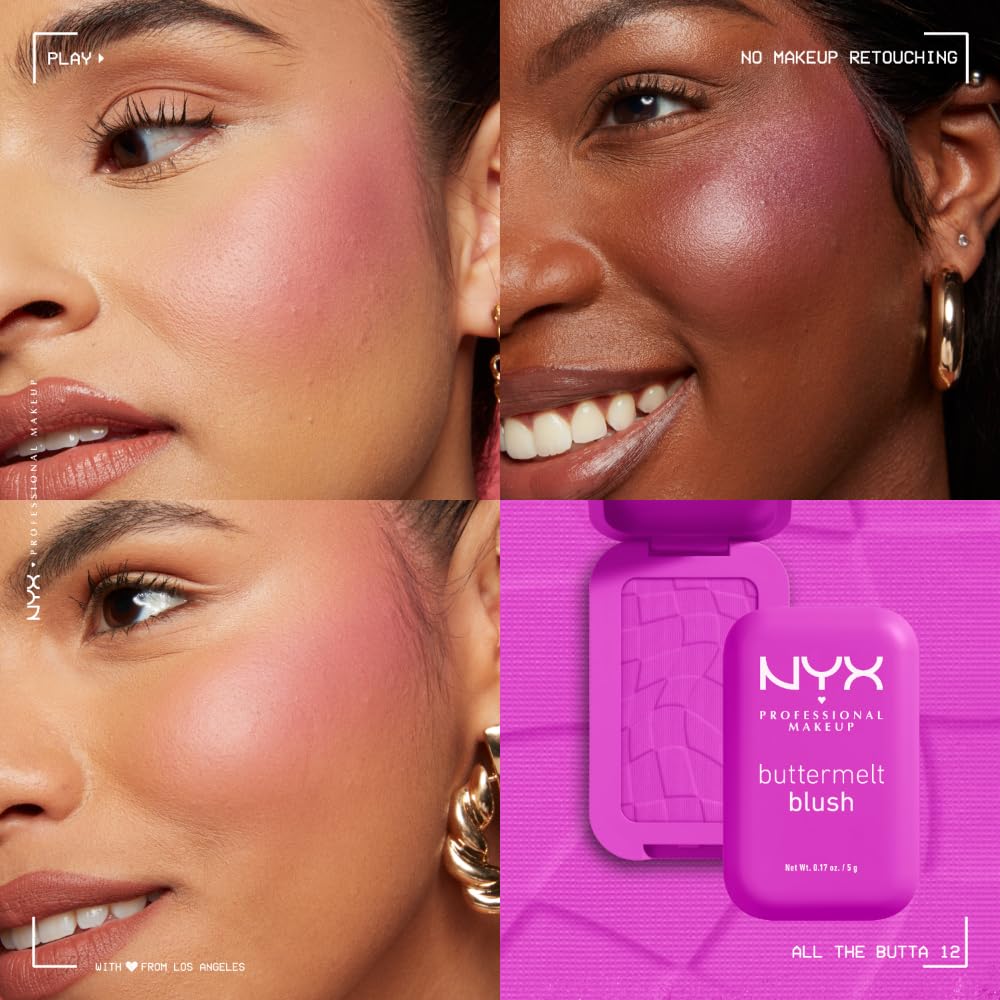 NYX PROFESSIONAL MAKEUP Buttermelt Powder Blush, Fade and Transfer-Resistant Blush, Up to 12HR Make Up Wear, Vegan Formula - All The Butta
