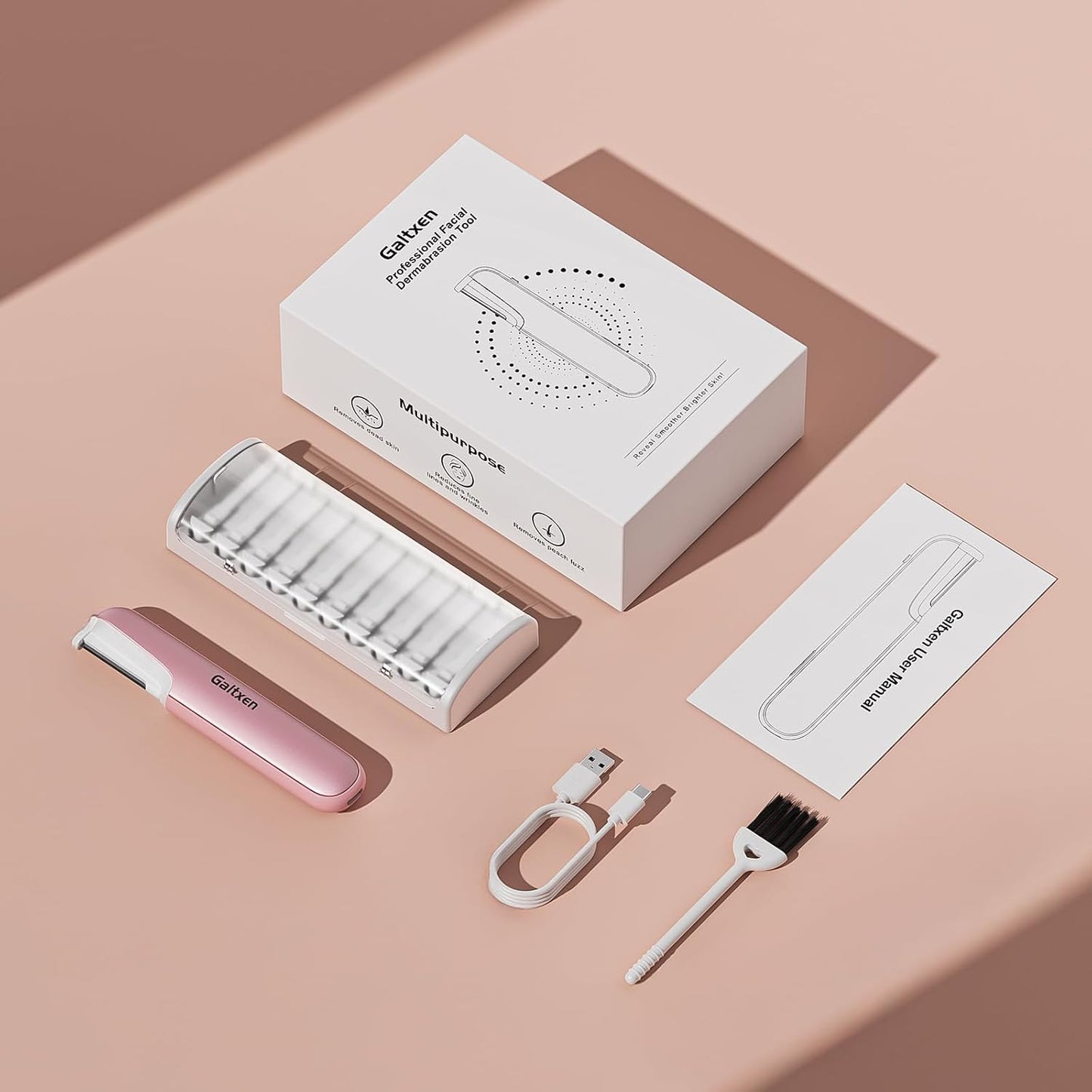 Dermaplaning Tool for Women Pink - Facial Exfoliation & Peach Fuzz Hair Removal with Rechargeable Sonic Edge Technology, 10 Refill Blades