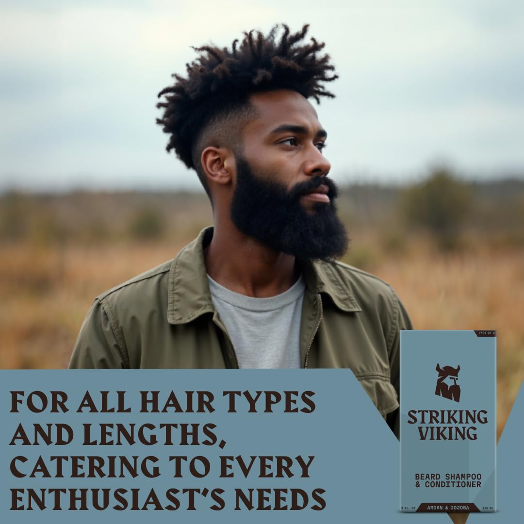Striking Viking Beard Shampoo and Conditioner Set – 4 Fl Oz Each, Fresh Masculine Scent - Beard Wash and Conditioner for Men - Cleanses & Softens, with Argan & Jojoba Oil - Sulfate & Paraben Free