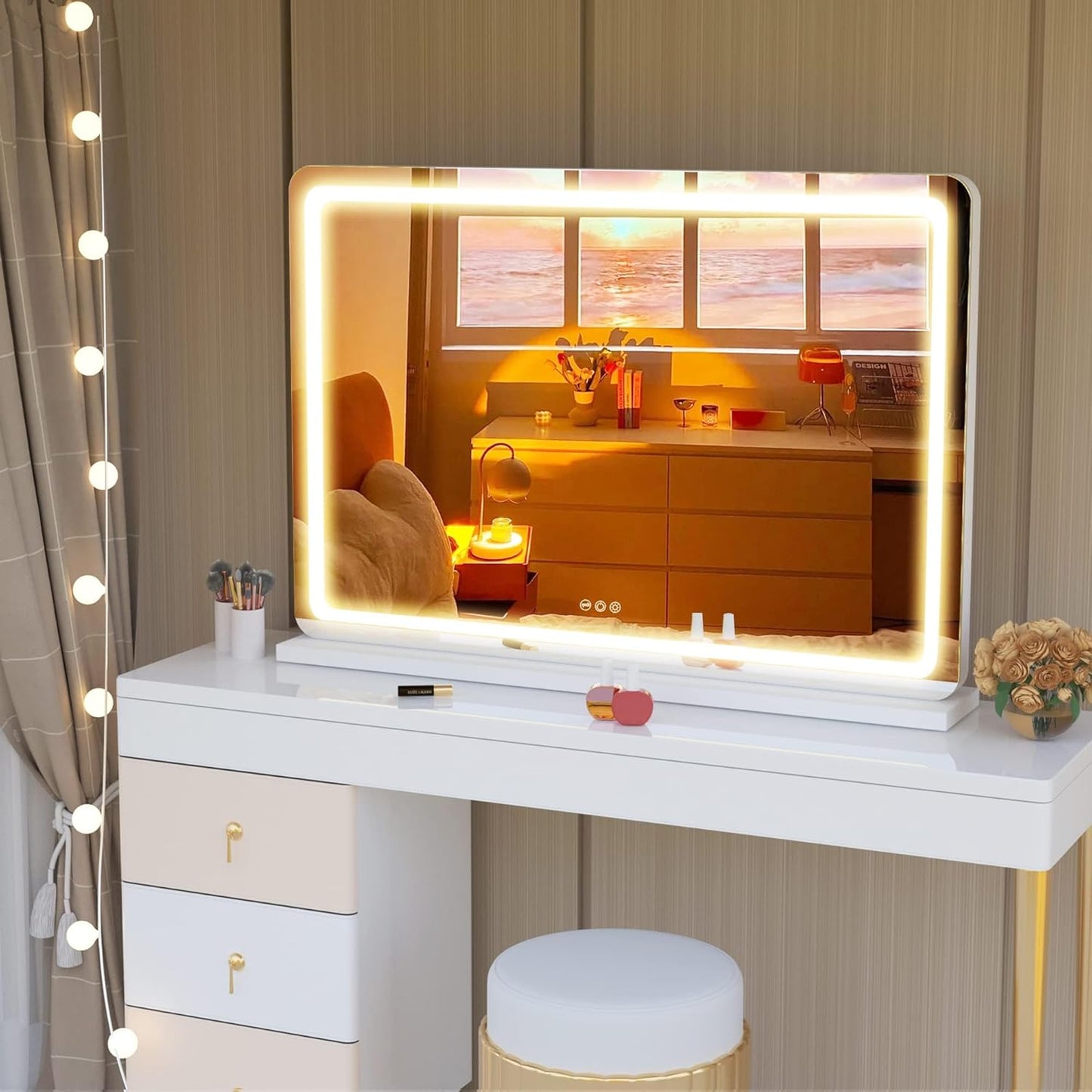 Hasipu Vanity Mirror with Lights, 31.5" x 22" LED Makeup Mirror, Lighted Makeup Mirror with Dimmable 3 Modes, Touch Screen Control Vanity Mirror Round White