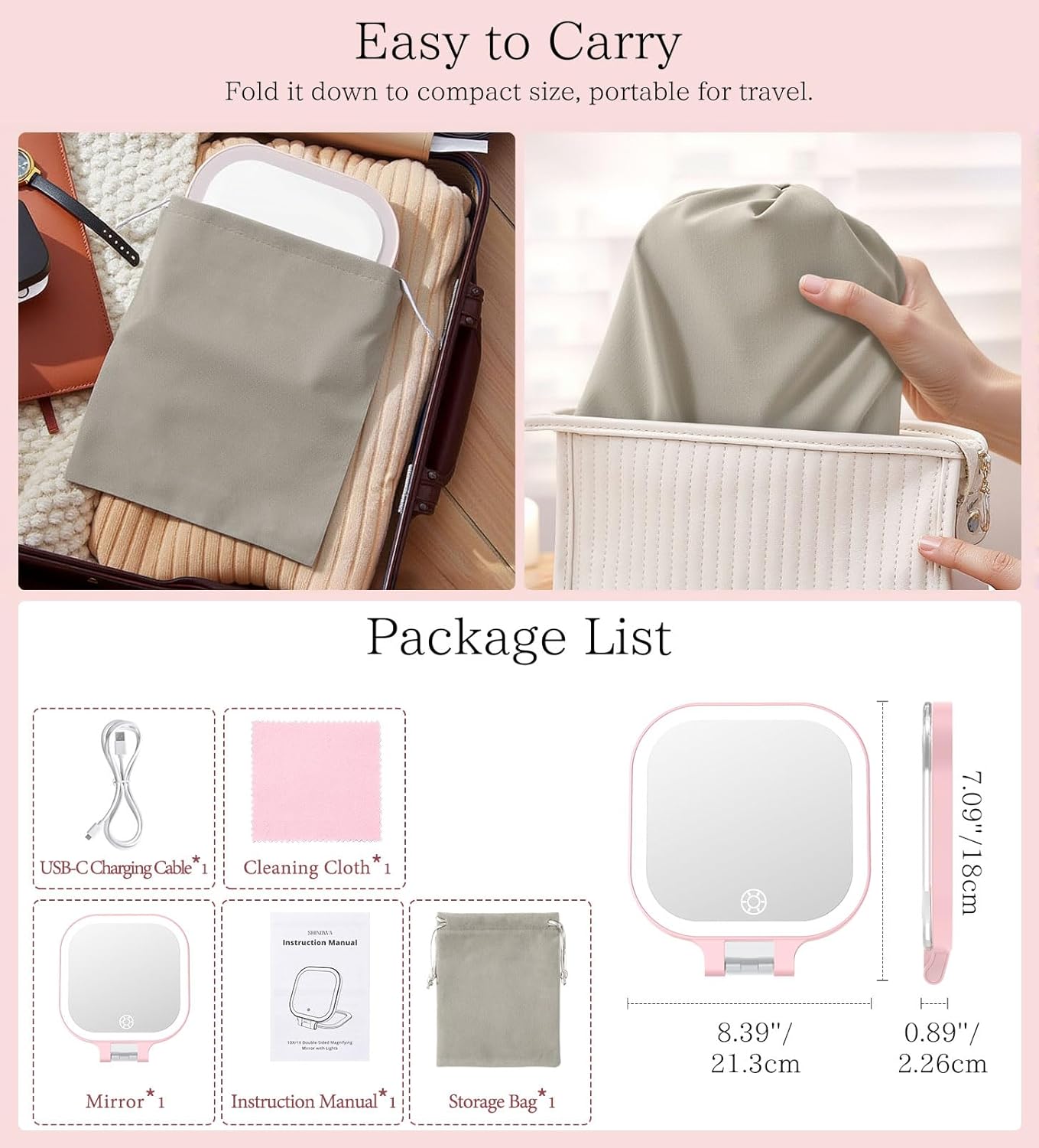 Shinowa Rechargeable Travel Makeup Mirror with 72 LED Lights, 1X/10X Magnifying Vanity Mirror with 3 Color Light, Folding Stand, 7 Inch Portable Dimmable Double Sided Compact Lighted Mirror, Pink