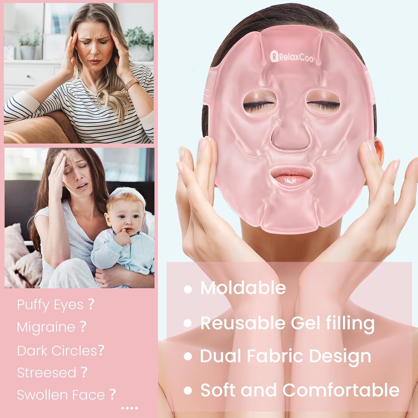 Cold Face Eye Mask Ice Pack Reduce Face Puff,Dark Circles,Gel Hot Cold Compress,Face SPA for Woman Sleeping, Pressure, Headaches, Skin Care, Pink