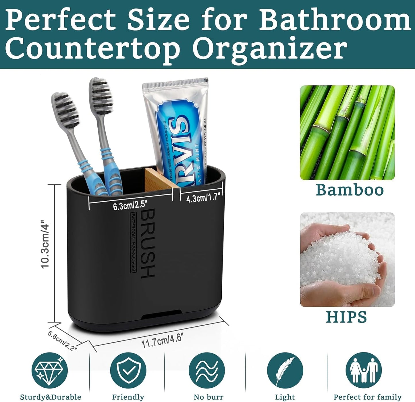 Toothbrush and Toothpaste Holder with Bamboo Divider for Bathroom Countertop Organizer, Detachable for Easy Clean, 2 Slots Electric Toothbrush Holders Storage Caddy Drainage for Family-Black