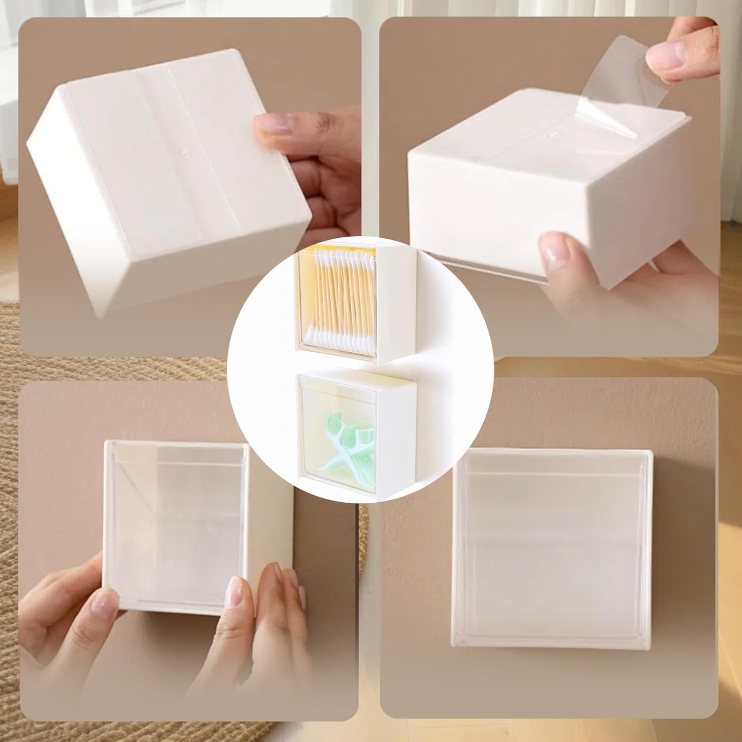 Qtip Holder Wall Mount for Cotton Swabs, Balls, Pads, Hair Ties,Floss Picks- Small Plastic Bathroom Wall Organizers and Storage Set,Bedside Shelf,Home Decor,Dorm Room Essentials (4)