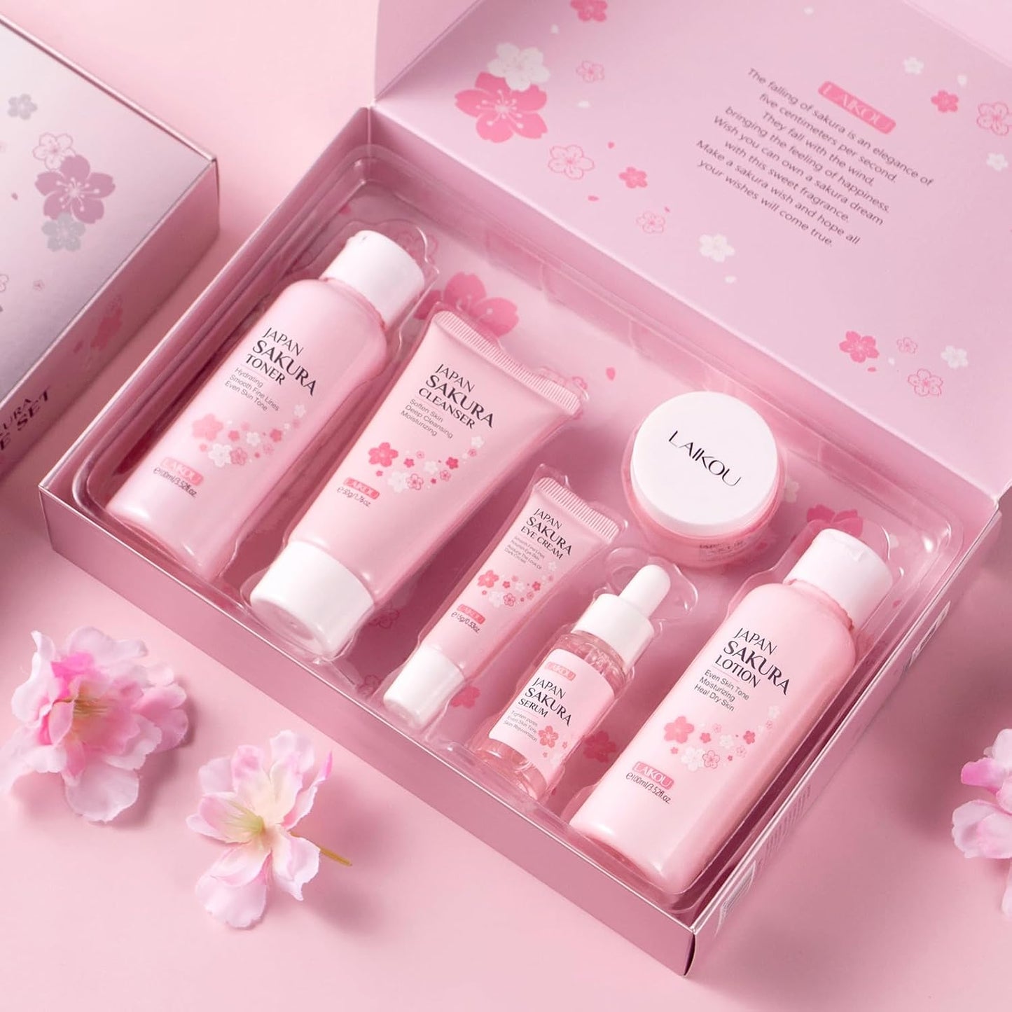Skin Care Set JAPAN SAKURA Women Beauty Gift Sets Skin Care Kit with Cleanser, Toner, Lotion, Serum, Eye Cream, Face Cream Travel Kit for Women Teen Girls Mom Daughter TSA-friendly Sizes 6pcs