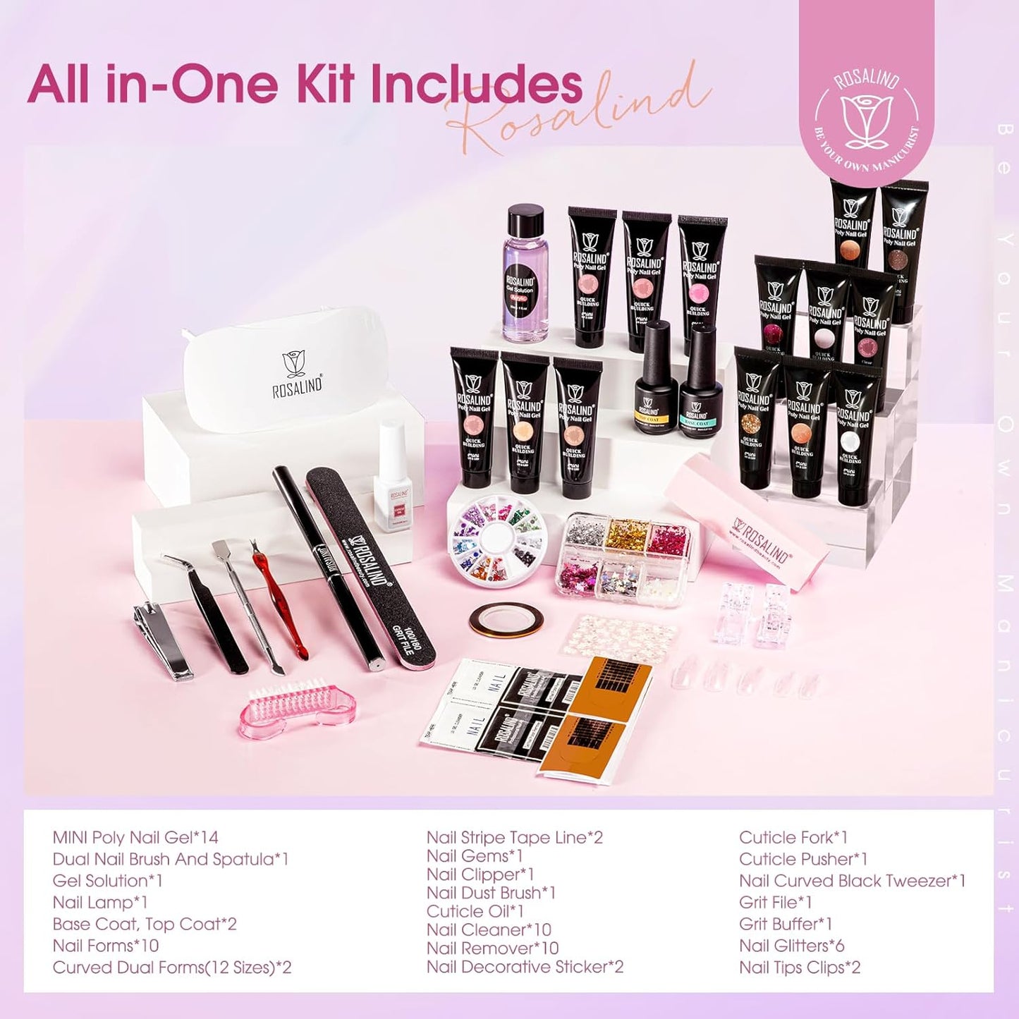 ROSALIND Poly Nail Gel Colors Kit -14 Colors +72 Nail Art Accessories kit Glitter Poly Nails Gel Kit Starter Kit with Mini UV Lamp Slip Solution Nude Pink Poly Nail Art for Beginners with Everything