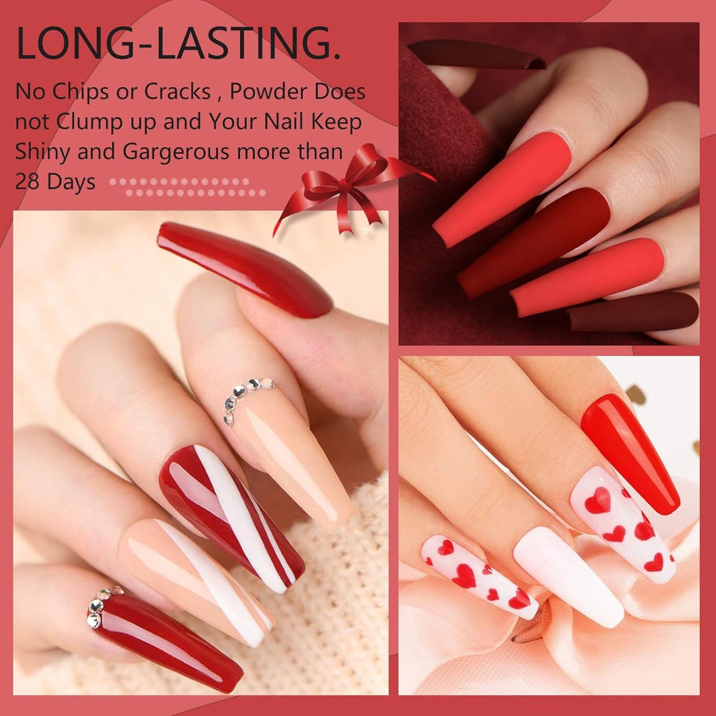 Honey Joy Dip Powder Nail Kit Starter,4 Colors Wine Red Glitter Dark Barn Red Dipping Powder Liquid Set with Base Top Coat for Nail Art Manicure Salon DIY No LED Nail Lamp Needed, Dip-7pcs-No.22