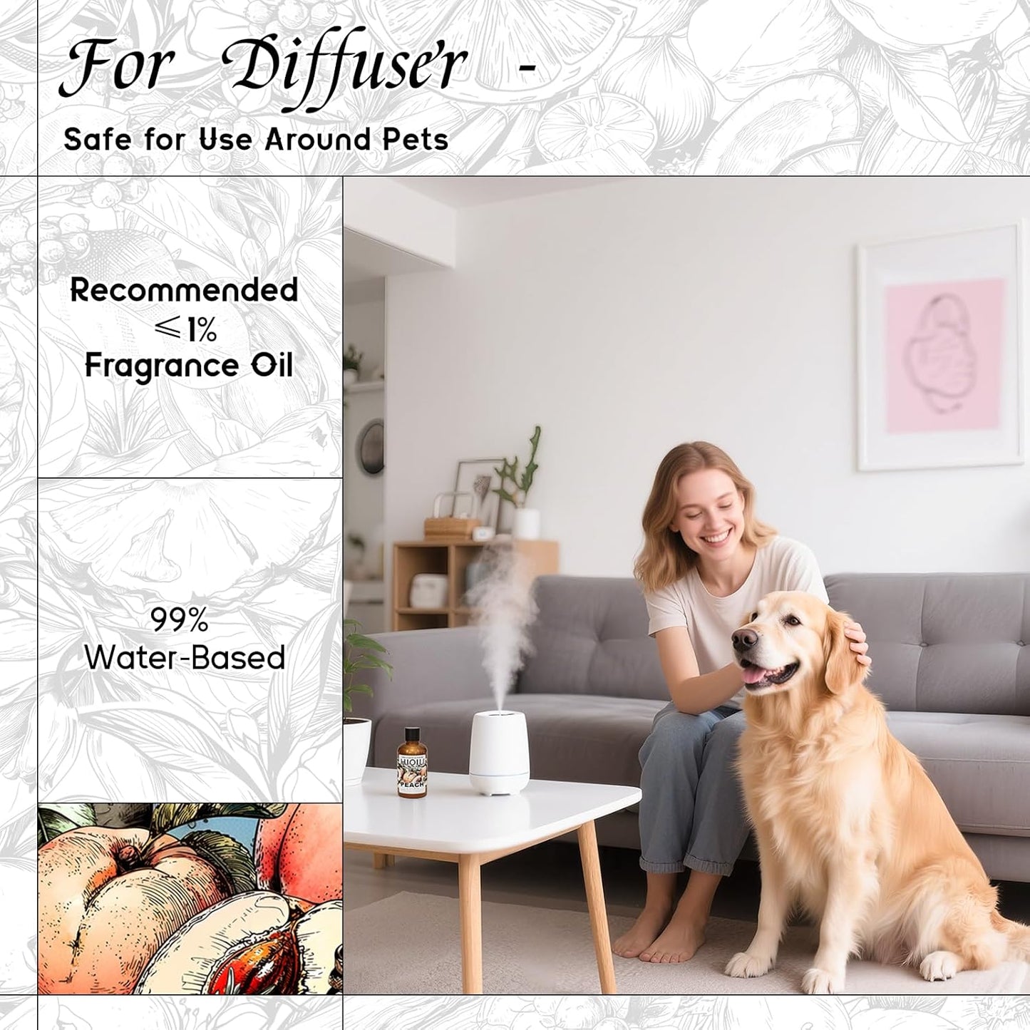 HIQILI Peach Fragrance Oil for Home Diffuser, DIY Candle, Linen & Room Freshener Spray Making, Juicy Fruit Scents - 1 Fl Oz