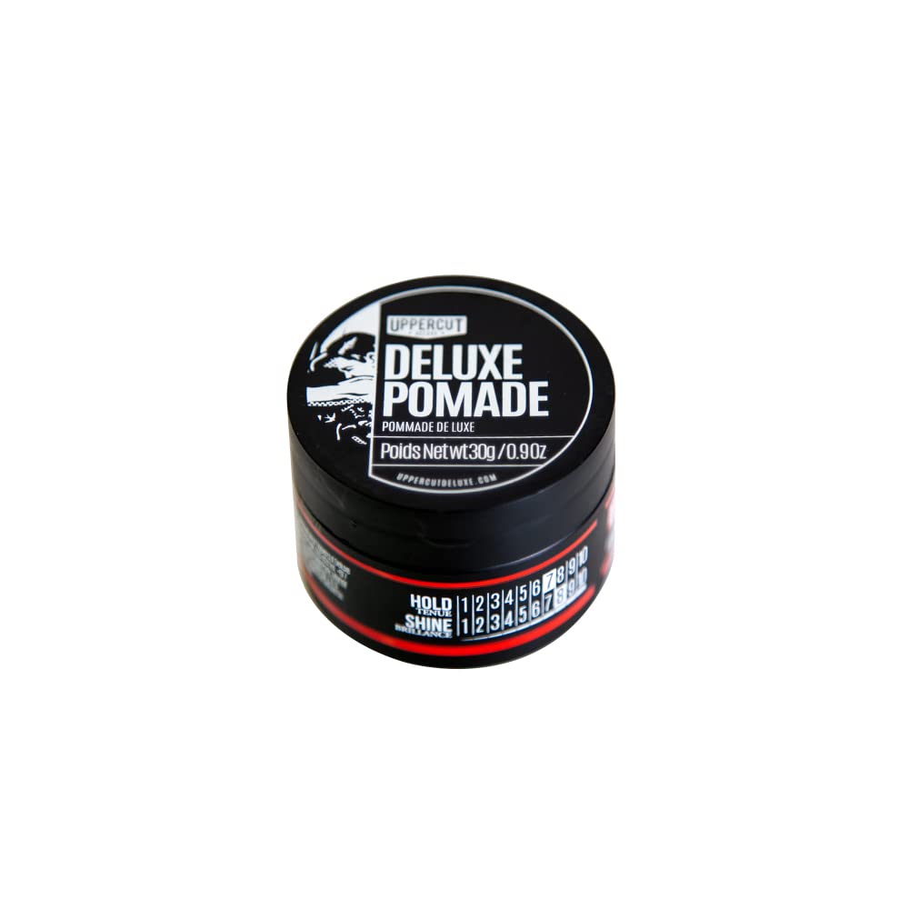 UPPERCUT DELUXE Deluxe Pomade, 0.9 oz / 30g - Strong Hold, High Shine Hair Pomade – Water-Based, Easy Washout – Classic Barber Styling for Slick Backs, Side Parts & Pompadours
