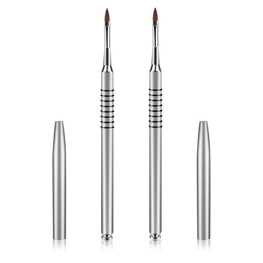 2 Pack 3D Nail Art Brush for Acrylic, Kolinsky Acrylic Nail Brushes Set, Nail Lining Brush Nail Salon Painting Brush Pen with Non-Slip Handle, Silver Metal Nail Art Pen (Size #2)