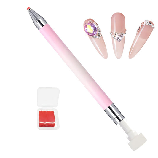 WOKOTO 1 PCS Nail Art Rhinestone Picker Pens With 1 Box Spare Silicone Clay Tool Pink&White Gradient Rotating Push Nail Diamond Art Painting Dotting Pen Refillable Wax Pen For Nails Gems Picker Tool