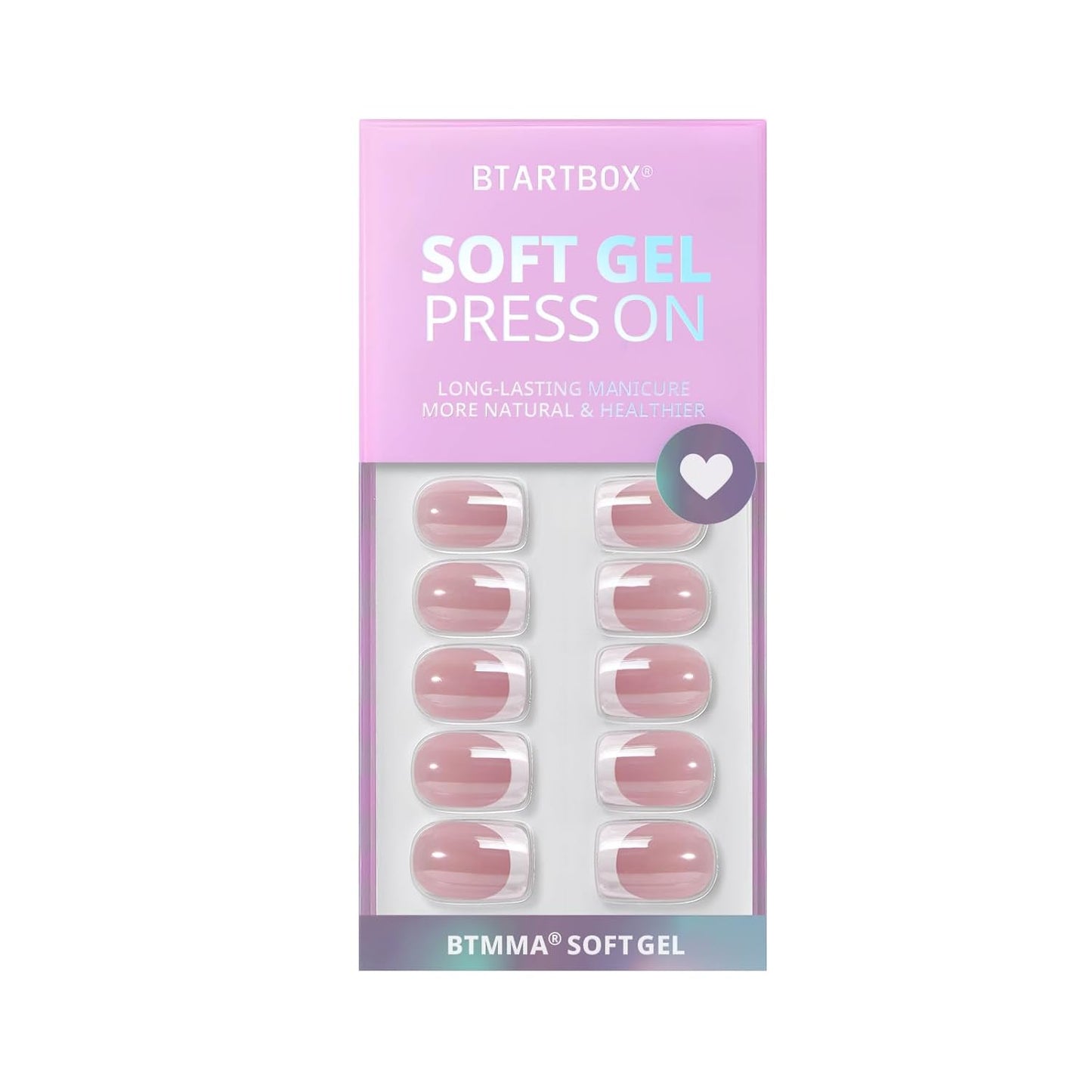 BTArtbox Press on Nails Short - White French Tip Press On Nails Square, Chrome Glazed Glue On Nails, Stick On Nails in 15 Sizes - 30 Soft Gel Fake Nail Kit, Be Elegant