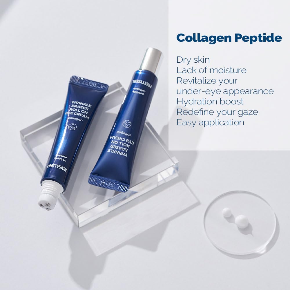PS.PRETTYSKIN Roll on Eye Cream with Hydrolyzed Collagen and Stainless Steel ball Tip- Under Eye Roller Cream for Elasticity Wrinkles Puffiness Fine Lines-Korean eye cream 30ml/1.01fl.oz.(Collagen)