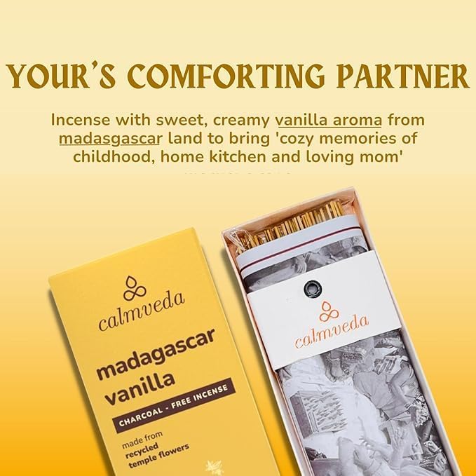 Madagascar Vanilla Incense Sticks Warm - (80 Scent Sticks) Charcoal Free, Made from Upcycled Flowers | Sweet, Cozy-Warm & Earthy Notes | Relaxing Incense & Healing Incense Sticks