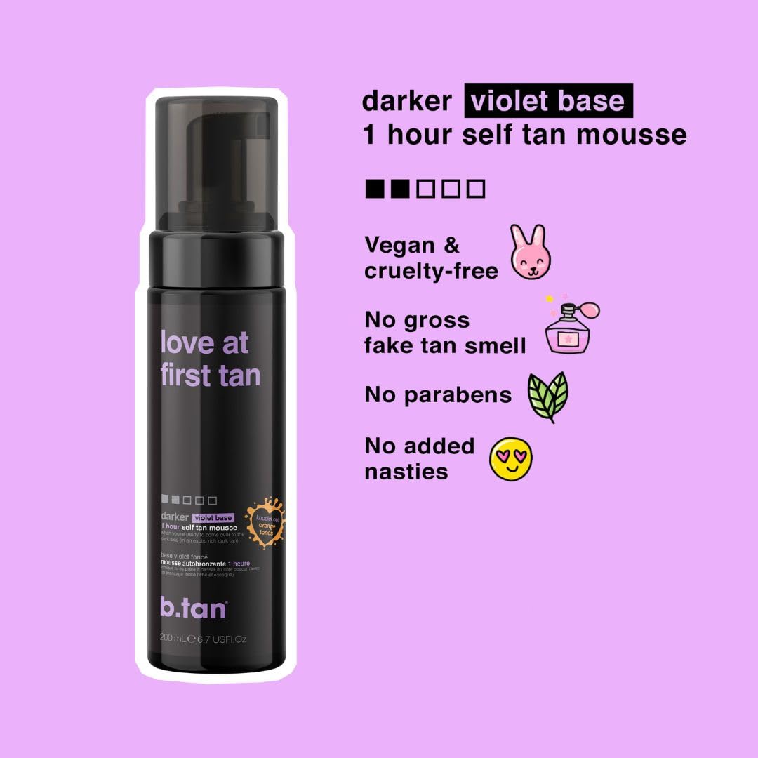b.tan Violet Self Tanner Mousse Bundle | Love At First Tan - Best, 1 Hour Express Sunless Tanning Foam, Cancels Orange Tones, Dark Bronzing Glow, No Fake Tan Smell, Face & Body, 6.7 Fl Oz, Pack of 2