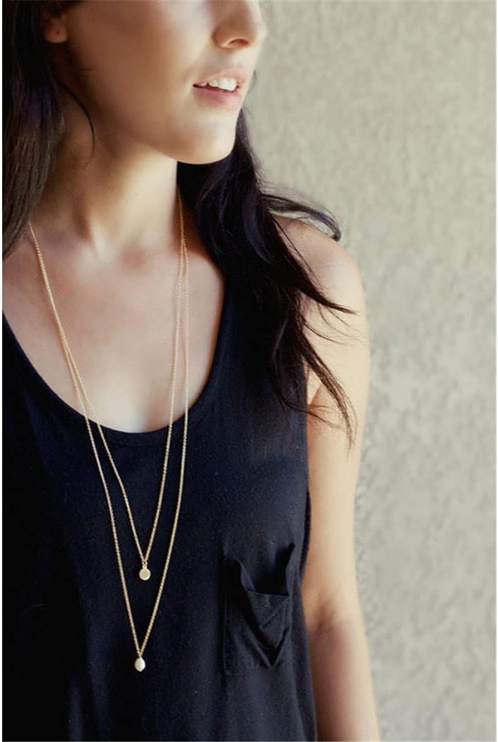 Long Layered Necklace Delicate Coin Pearl Pendant Necklace Gold Chain Jewelry for Women