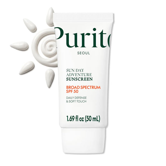 PURITO Sun Day Adventure Korean Sunscreen Smoothest and Lightest Texture Broad Spectrum SPF 50 UVA & UVB Protection No White Cast Oil Free For All Skin Types Vegan Daily Skin Care 50ml, 1.69 fl.oz