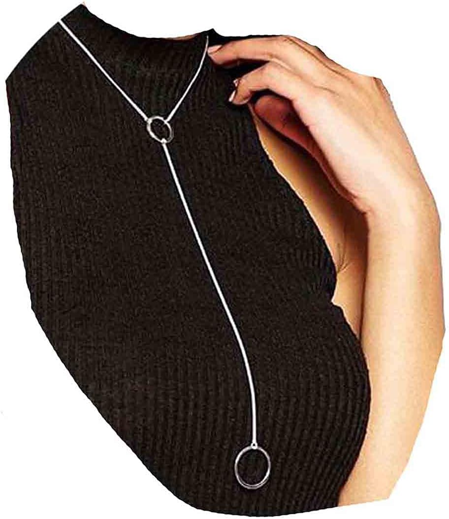 Boho Long Circle Pendant Necklace Silver Y Lariat Necklace Minimalist Y Drop Chain Necklace Jewelry for Women