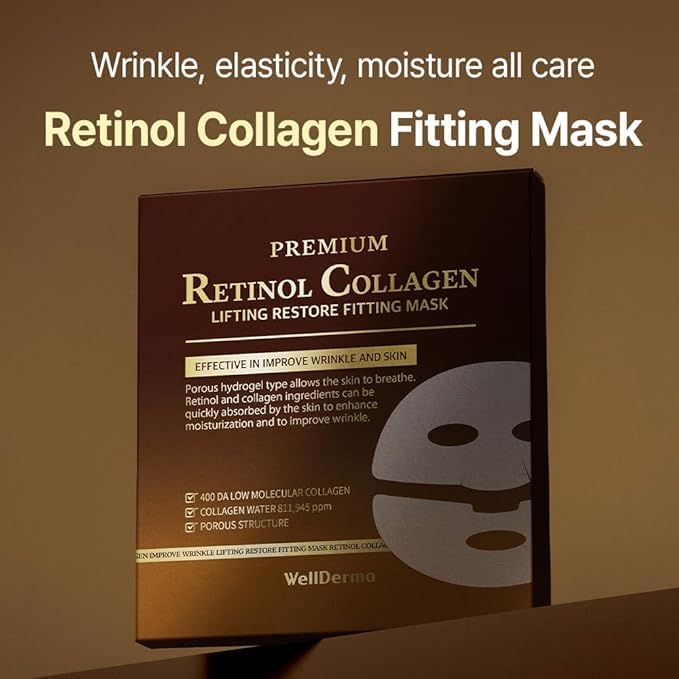 WELLDERMA Retinol Peptide Lifting Restore Hydrogel Fitting Mask, 25g x 4 Sheets – Firming & Hydrating Micro-Hole Sheet Mask with Retinol, Peptide Complex, Collagen Water & Niacinamide