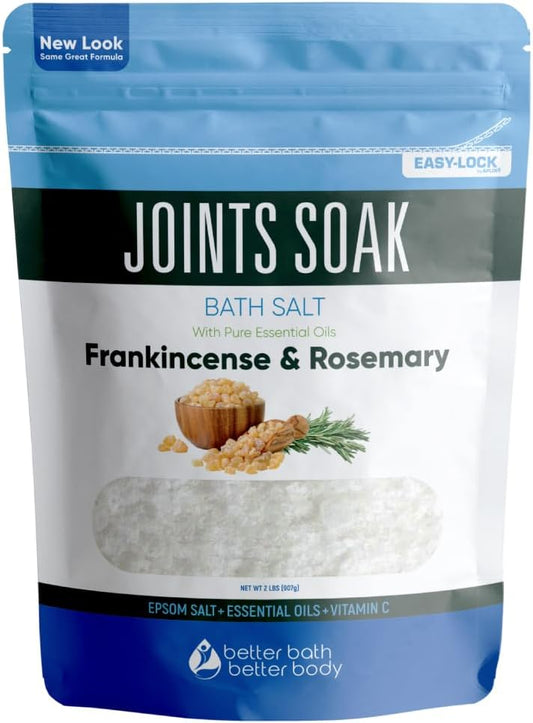 Joints Soak Bath Salt 32 Ounces Epsom Salt with Natural Rosemary, Frankincense and Peppermint Essential Oils Plus Vitamin C in BPA Free Pouch with Easy Press-Lock Seal