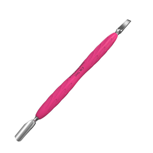 Staleks Manicure pusher Gummy with silicone handle UNIQ 10 TYPE 5 – Stainless Steel – Professional Cuticle Tool (rounded narrow pusher and straight blade)