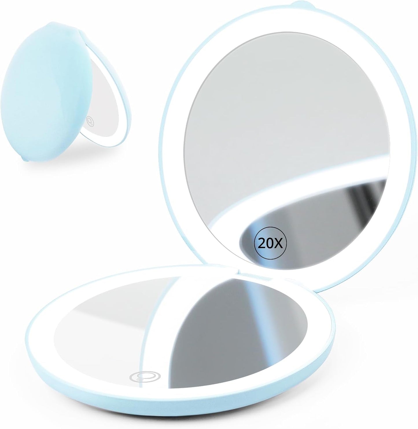 Fabuday Travel Compact Magnifying Makeup Mirror with Lights - Large 4.8'' Wide Led Lighted Portable Mirror with 1x/20x Magnification, Rechargeable Small Foldable 3 Color Lighting Mirrors, Blue