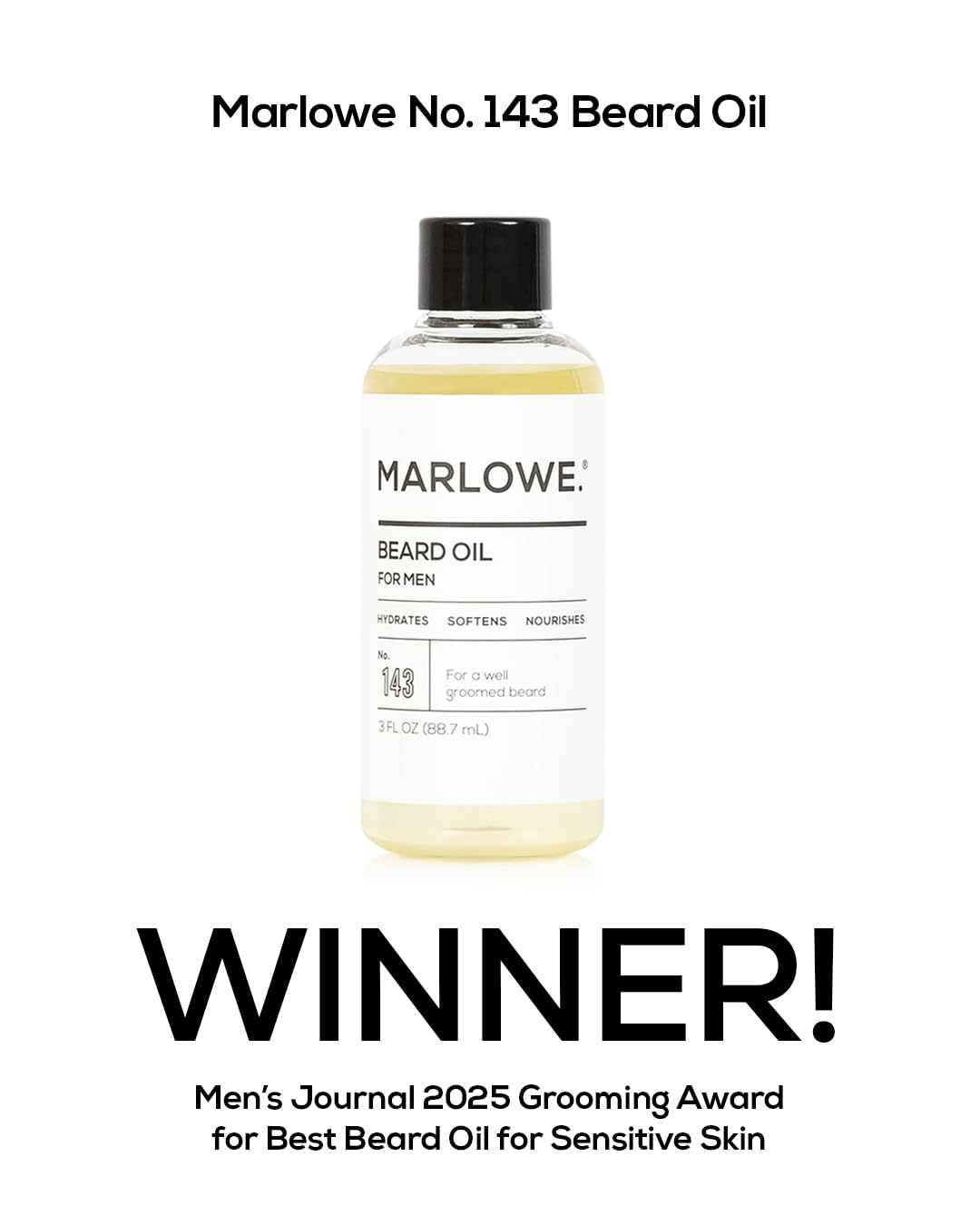 MARLOWE. No. 143 Beard Oil 3 oz, Conditioning Oil for Men, Softer & Fuller Beard Care, 100% Natural Softener with Sunflower & Safflower Oils, Conditions & Nourishes, Fragrance Free