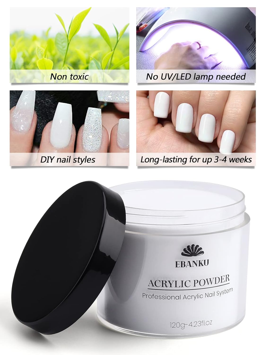 EBANKU White Acrylic Powder, 120g/4.23oz Acrylic Powder Large Capacity Professional Acrylic Nail Powder for Nail Acrylic Extension, Nail Carving, Long-Lasting, No Nail Lamp Needed