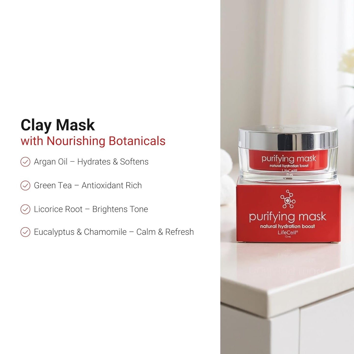 LifeCell Purifying Clay Mask – Deep Cleansing Facial Mask with Argan Oil, Green Tea, and Licorice Root – Exfoliates, Tightens Pores & Revitalizes Skin – 75ml