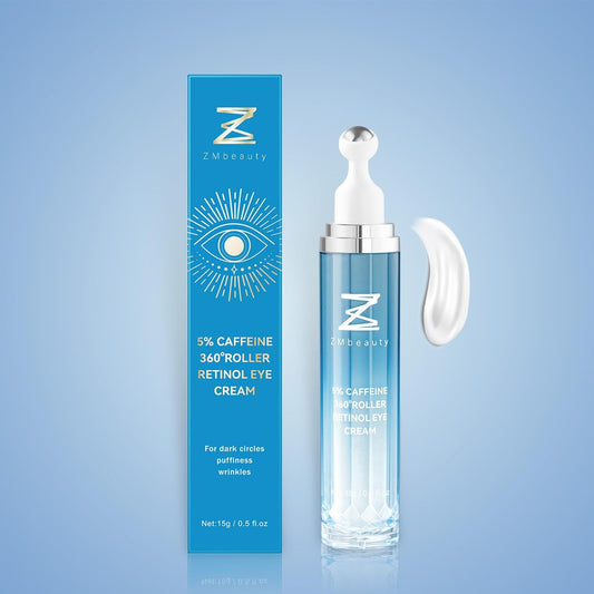 Under Eye Cream with 5% Caffeine, Dark Circles Under Eye Treatment with Retinol, Anti Aging Eye Serum with 360° Massage Roller for Eye Bags, Wrinkles and Puffiness, 0.5 fl. oz,3 Pack