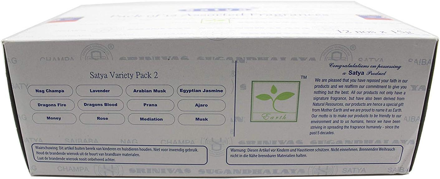 Set of 12 Nag Champa, Lavender, Arabian Musk, Egytian Jasmine, Musk, Dragon&#39;s Fire, Dragon&#39;s Blood, Prana, Ajaro, Money, Rose, Meditation by Satya Incense Bangalore (BNG)