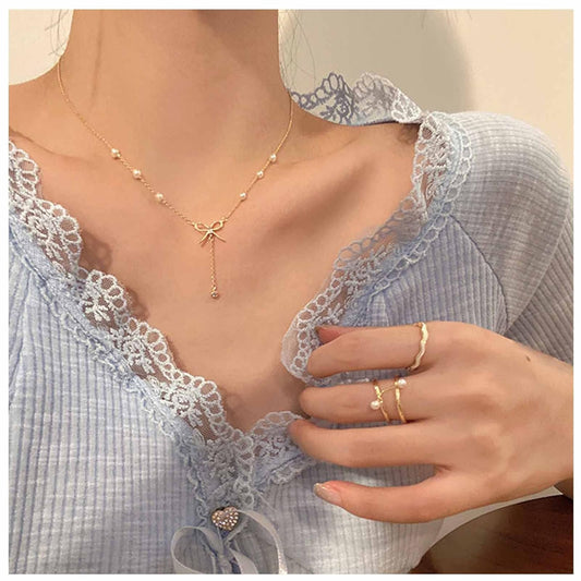 Bohemia Crystal Y Lariat Necklace Chain Pearl Beaded Choker Necklace Bow Knot Necklace Choker Gold Rhinestone Y Drop Necklace Chain Jewelry for Women and Girls