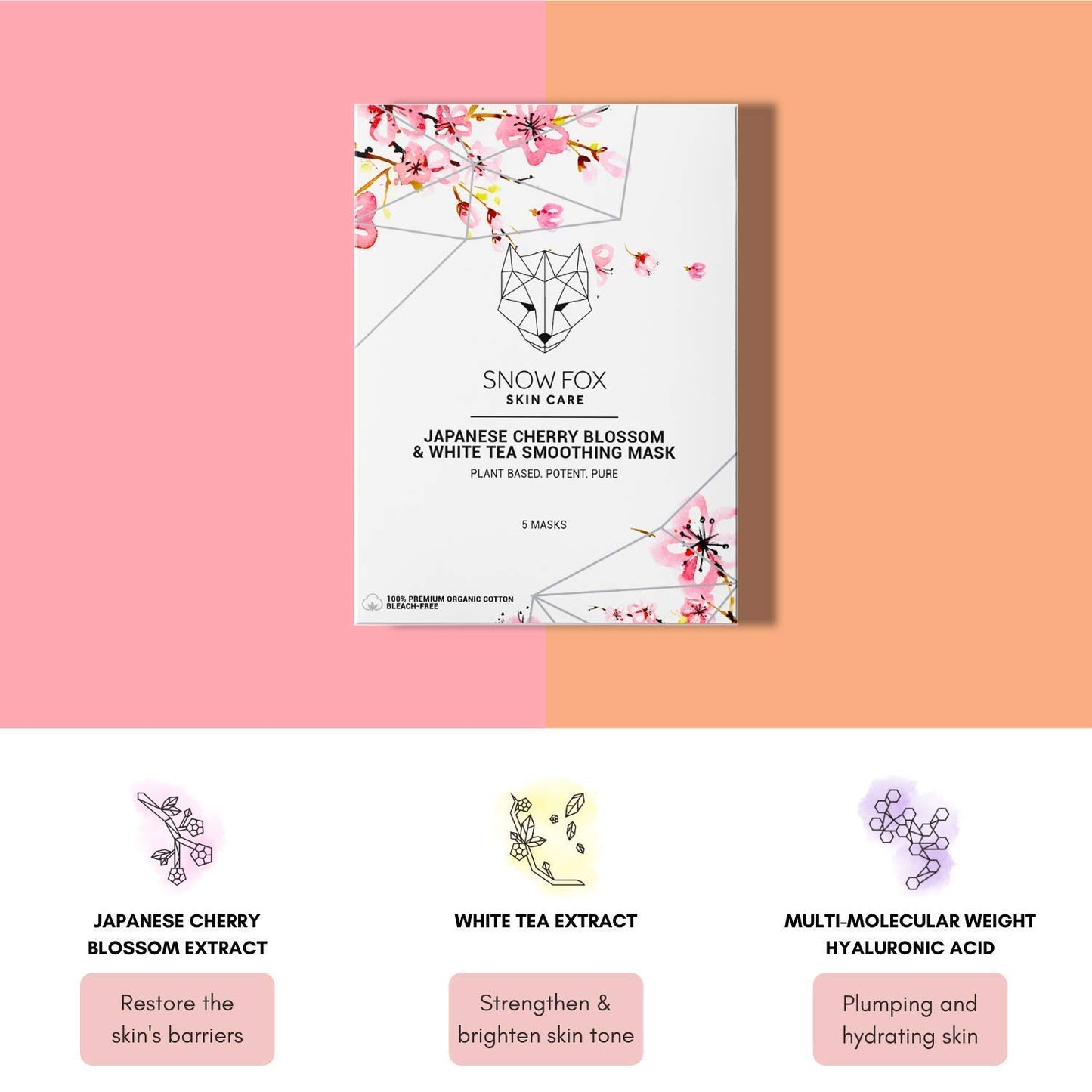 Snow Fox Skincare Japanese Cherry Blossom & White Tea Soothing Mask, 5 Mask