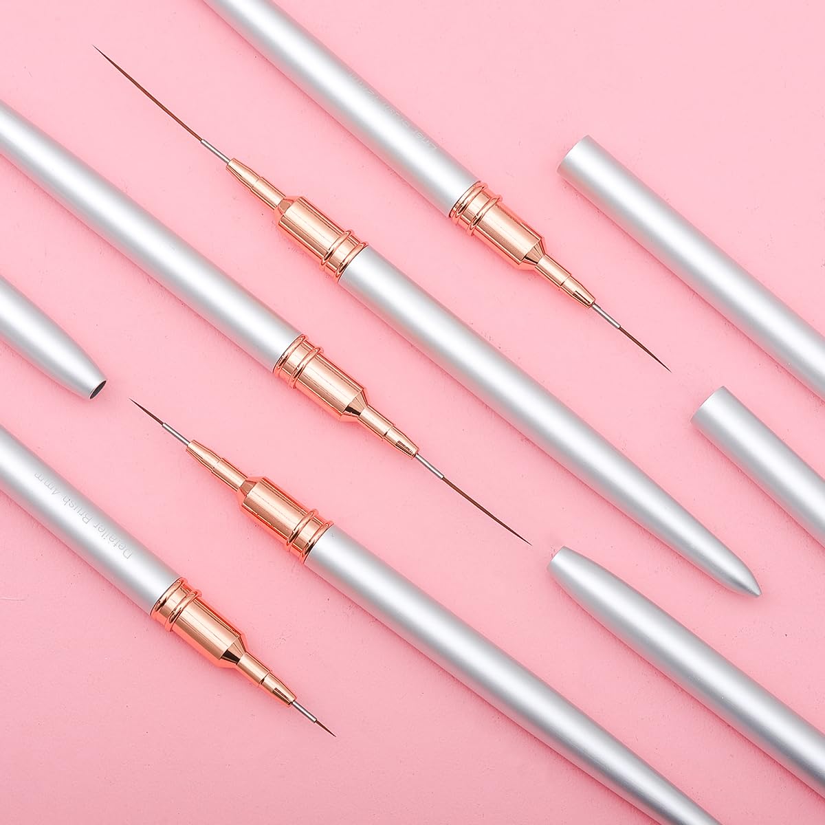 Metallic Nail Art Brushes, 5Pcs Nail Art Liner Brushes, Painting Design Brush Set Nail Dotting Drawing Tool for Long Lines, Thin Details, Fine Drawing Sizes 4/8/12/20/25mm, Sliver