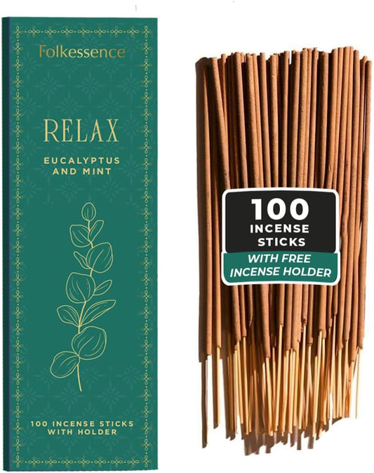 Folkulture Incense Sticks | Set of 100 Insence-Sticks with Holder for Relaxation | Eucalyptus & Mint Incense | Organic, Slow Burning & Non Toxic Inscents for Meditation |Rejuvenating Fragrance