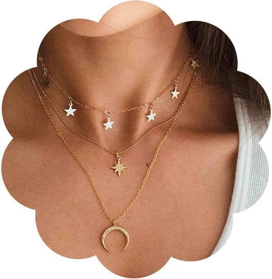 Boho layered moon star choker necklace crystal northstar necklace cz moon pendant necklace gold star dangle necklace jewelry for women