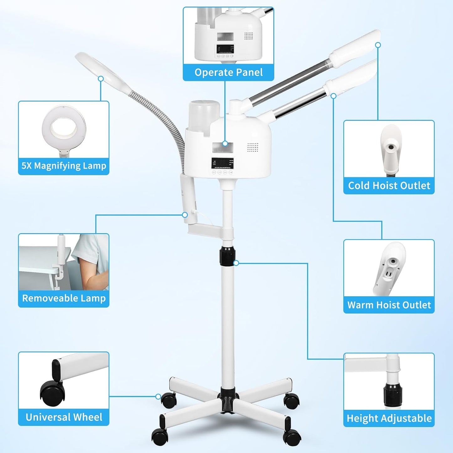 Pro Rolling Facial Steamers for Face Professional 3 in 1 Facial Steamer Humidifier with 5X Mag Lamp,Face Steamer Standing Warm Cold Mist Digital LCD Screen for Home Salon Spa