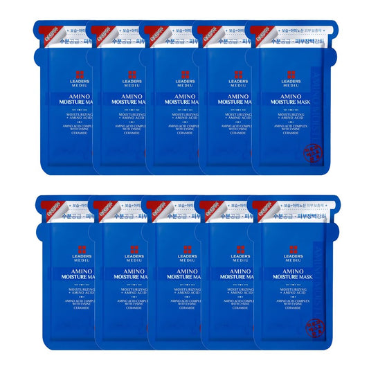 Leaders Mediu Amino Moisture Hydrating Facial Sheet Mask | Natural Mineral Water, Hyaluronic Acid, Ceramide | Anti-Aging, Soothes Dry Skin, Enhances Elasticity (10 Sheets)