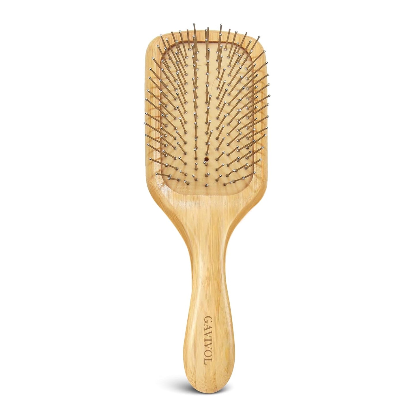 Bamboo Paddle Hair Brush with Metal Bristles – Anti-Static Detangling & Scalp Massage Hairbrush – Natural Wood Handle – All Hair Types for Women, Men & Kids