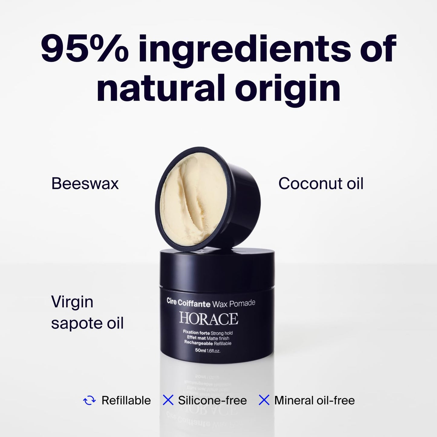 HORACE Hair Wax Pomade for Men – Strong & Long-Lasting Hold – Matte Finish – No Silicones or Mineral Oils – Woody Scent – Refillable, 50 ml