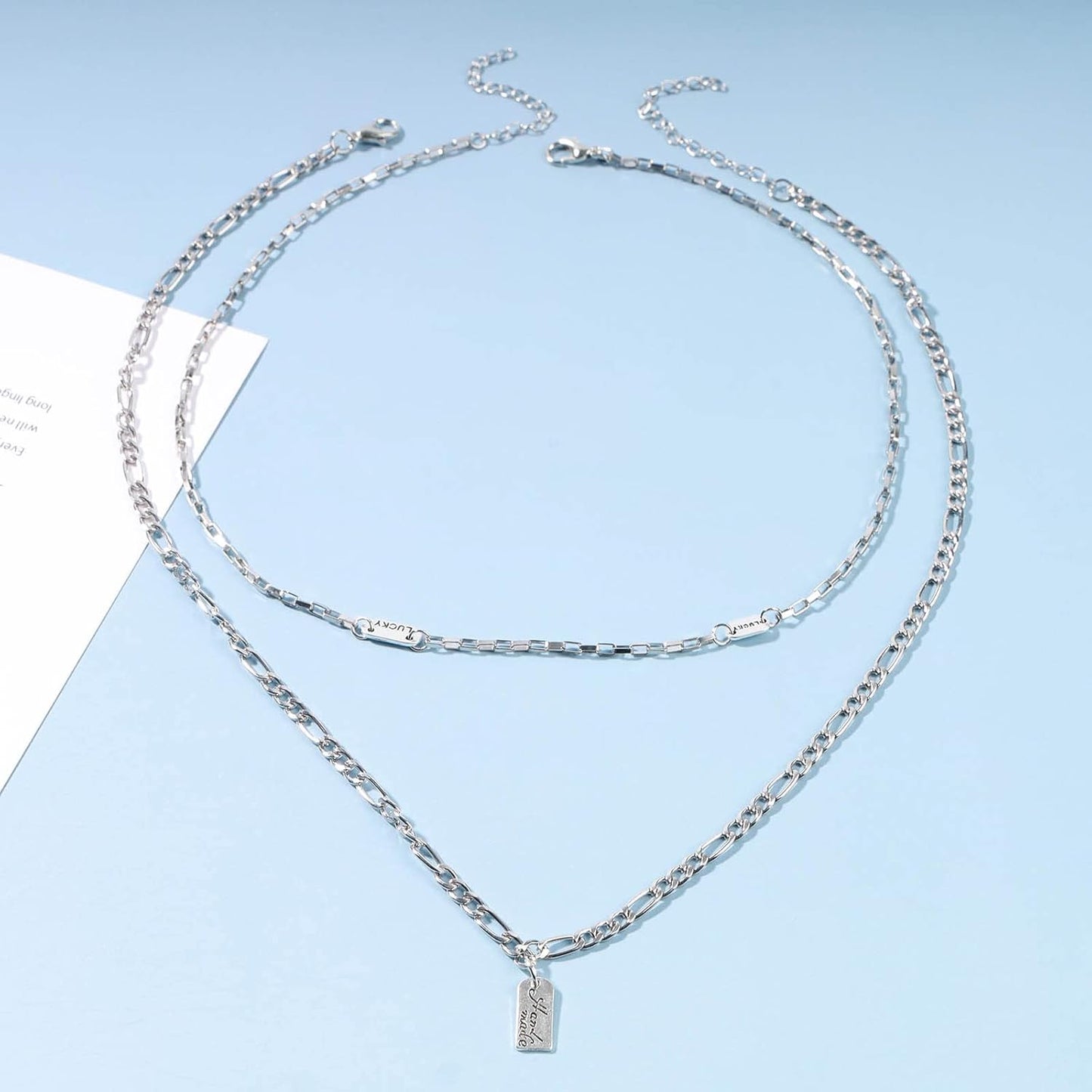 Boho Layered Silver Bar Necklace Choker Figaro Chain Necklace Vintage Layering Link Chain Necklace Geometric Necklace Jewelry for Women and Girls