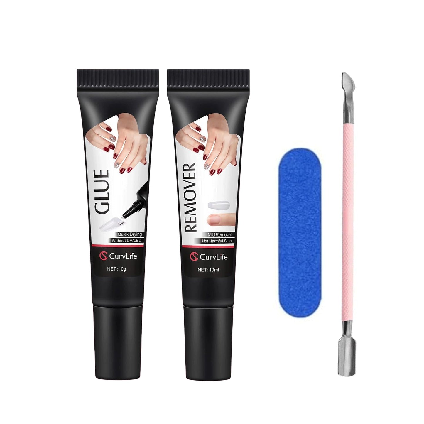 Curvlife Soft Quick Drying 10g Semi Solid Nail Glue with 10ml Remover with Cuticle Pusher Nail Art for Press On Nails Tips No Need for UV Lamp Long Lasting