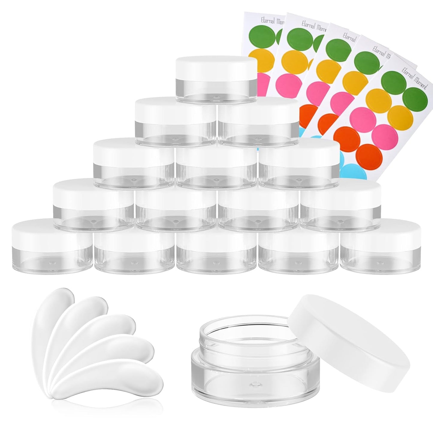 50 Pack 5 Gram 0.17OZ Clear Plastic Containers with White Lids, Small Round Cosmetic Jars Makeup Travel Containers Jar for Cream, Bead, Eye Shadow, Samples, Lotions, Powders, Glitters Lip Gloss