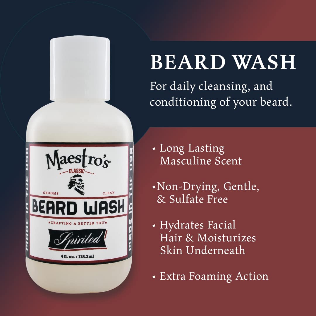 Maestro's Classic BEARD WASH | Anti-Itch, Deep Cleaning, Non-Drying, Fully Hydrating Gentle Cleanser For All Beard Types & Lengths- Spirited blend, 4 Ounce