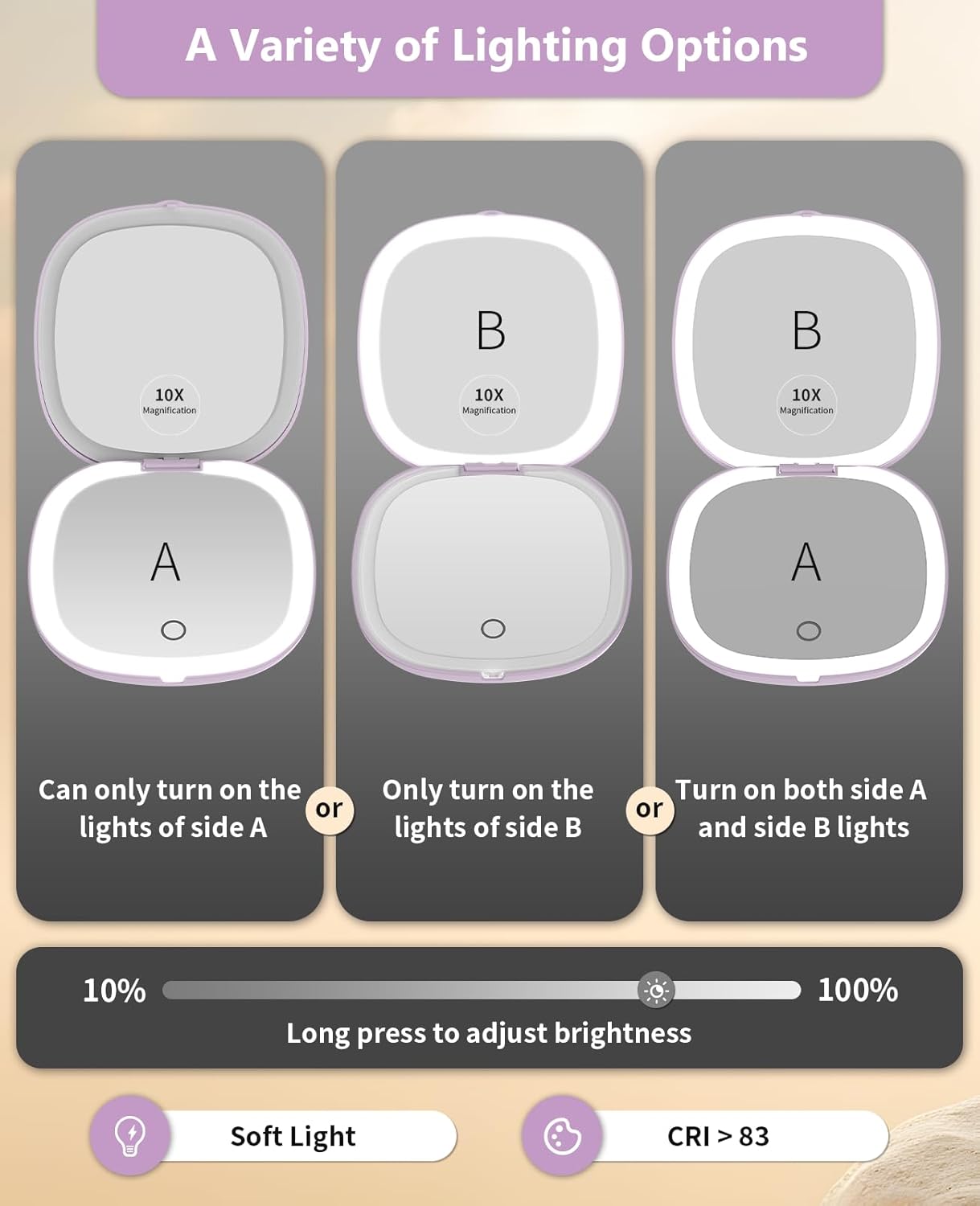 WOBSION Rechargeable Lighted Travel Makeup Mirror,1x/10x Compact Magnifying Mirror with Lights,Portable for Bag,4inch,Gift,Purple