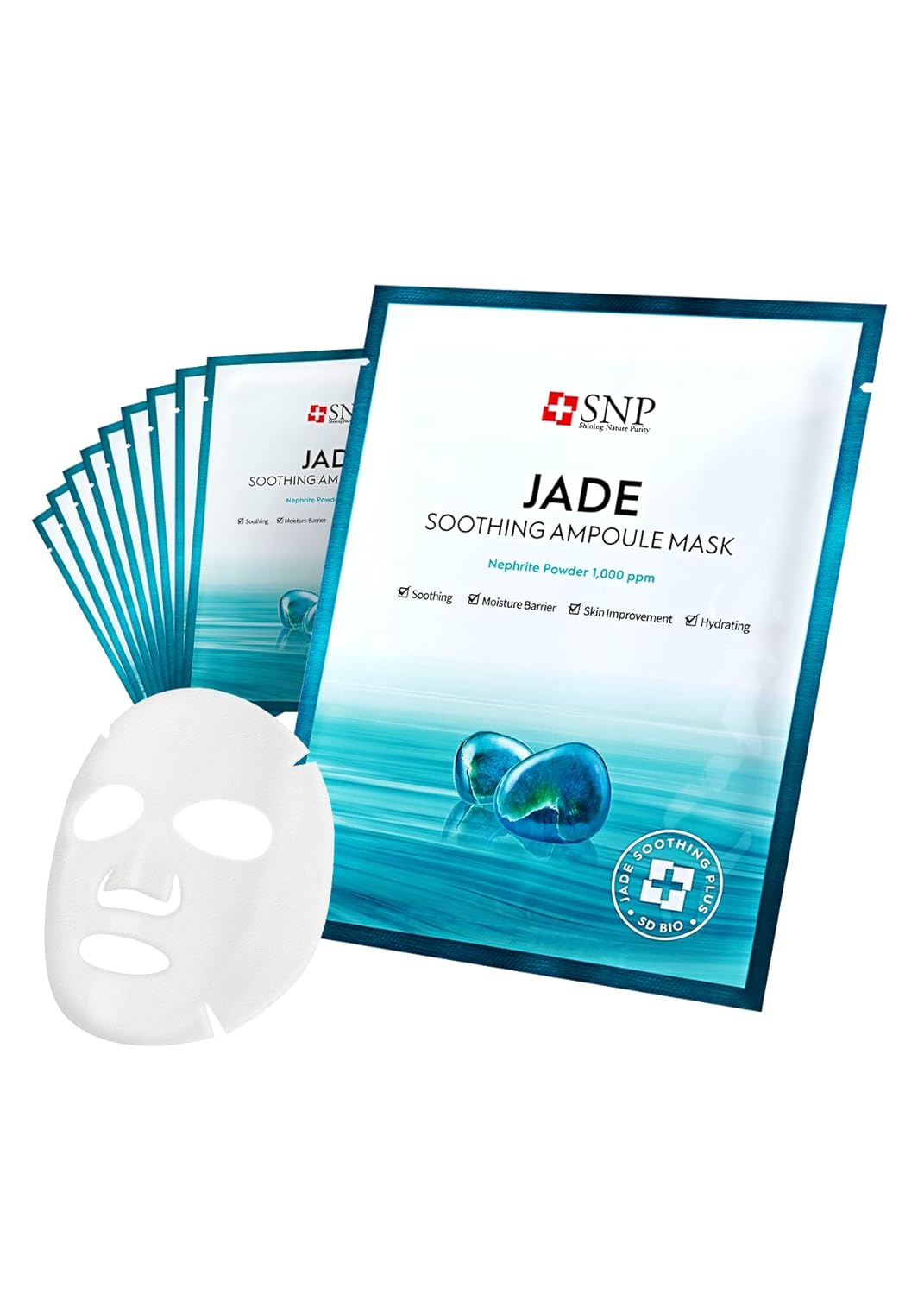 SNP 1000ppm Real Jade Mineral Ampoule Sheet Mask | Cleansing and Purifying All Sensitive Skin Types | Calming, Hydrating, and Moisturizing Facial Skin | Korean Face Masks Skincare | 10 Sheets